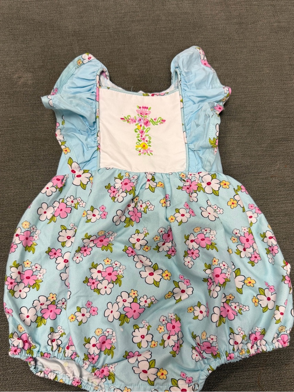 Blue Floral Baby Romper with Pink Accents